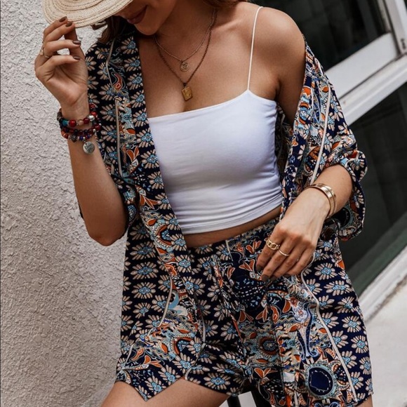 Boho Floral Paisley Print Open Front Kimono Top Shirt Blouse Shorts Set PINK - Picture 6 of 14